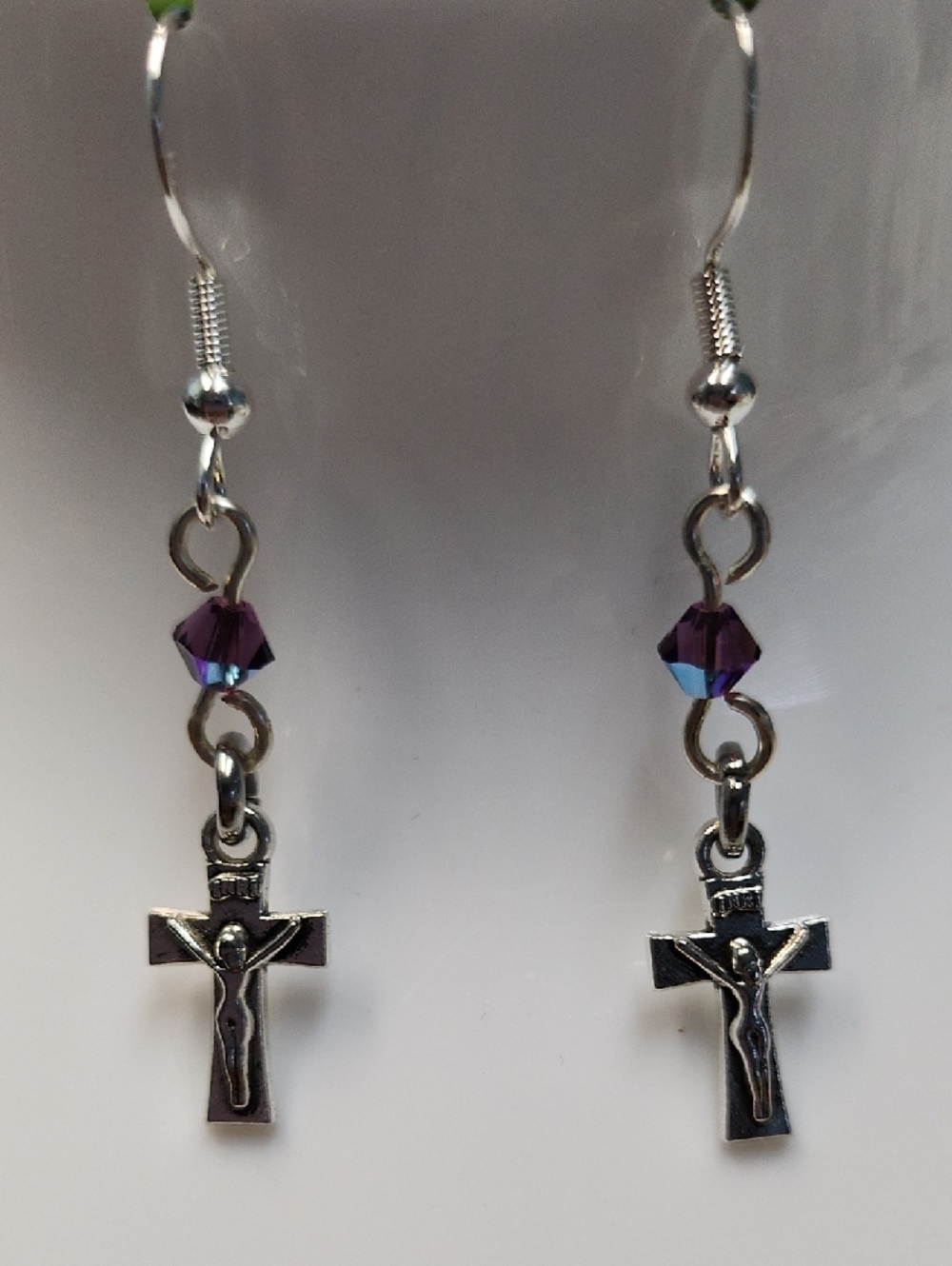 Silver Crucifix Drop Earrings with Purple Crystal Beads